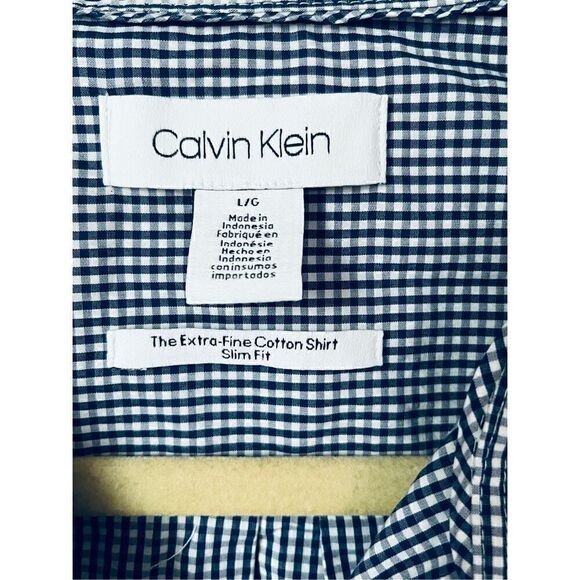 Calvin Klein Men’s Extra-Fine Cotton Shirt Slim Fit Navy and White Check Large - Picture 2 of 7